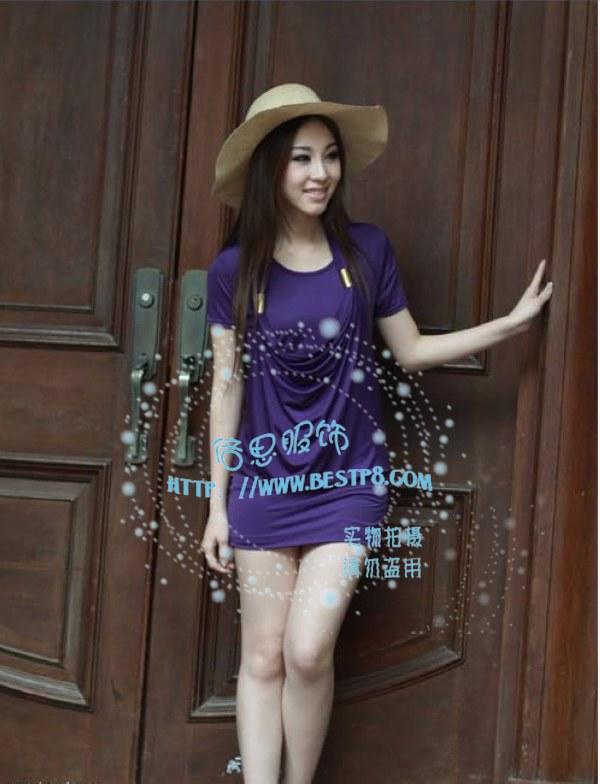 厂家热销款流行韩版印花T恤批发时尚短裙冰丝长款T恤批发