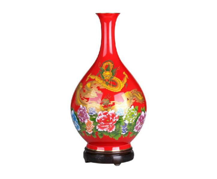 中国红瓷花瓶醴陵龙腾四海高升礼品批发