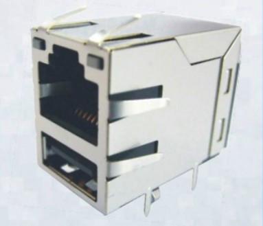 供应带铜壳弹片RJ45+单层USB  网络连接器