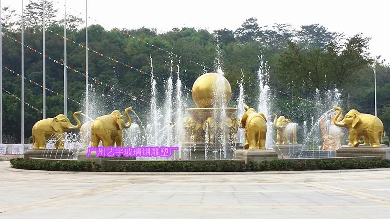 金色大象喷泉有模树脂大象喷泉价格批发