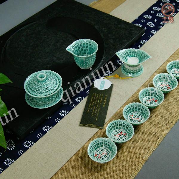 供应创意陶瓷手工编织玲珑功夫茶具套装绿色宽杯带锦鲤