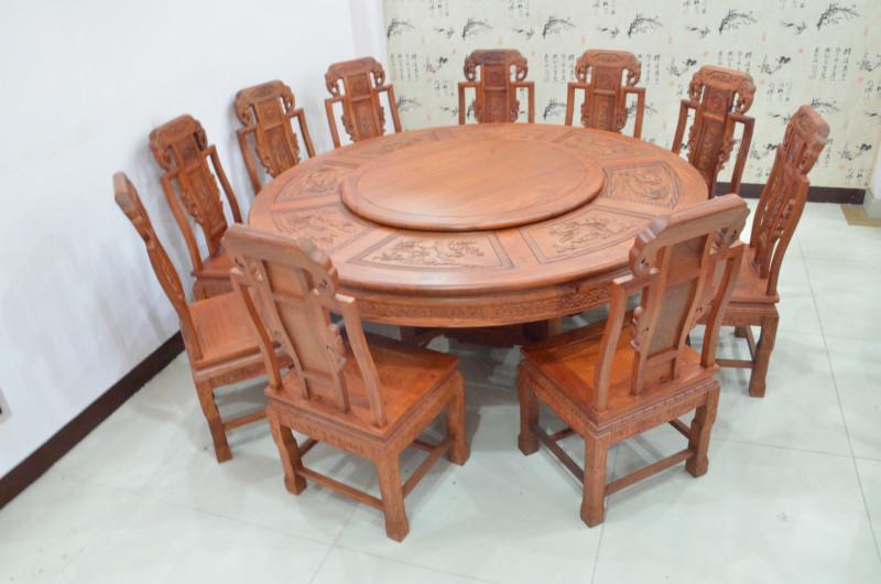 供应红木家具餐桌椅组合圆桌九件套1.38米非洲花梨木缅甸大果紫檀东阳十大品牌家具