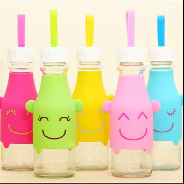 金华定做韩国新款硅胶套笑脸玻璃汽水瓶手提便携卡通硅胶杯套