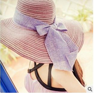 供应2015帽子女士韩版夏天遮阳帽棉麻蝴蝶结大檐草帽沙滩帽可折叠帽子图片